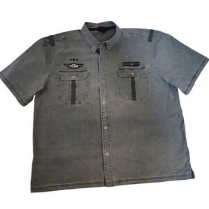 Vintage Harley Davidson Men's Short-Sleeve Army Green Distressed Shirt W Logos